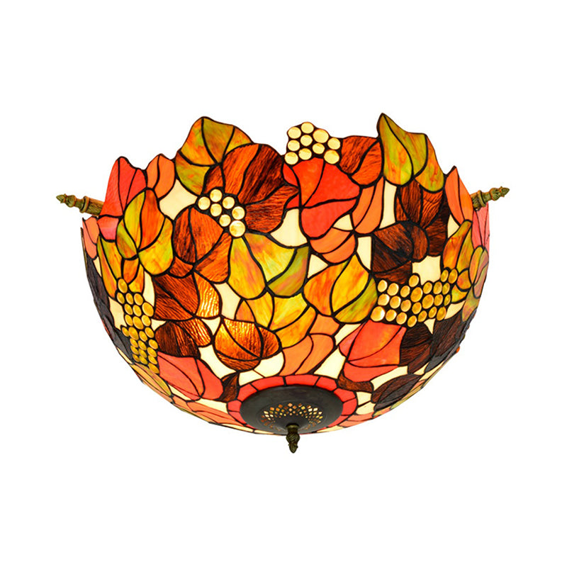 Hand Cut Glass Brass Light Fixture Grape 5 Lights Tiffany-Style Semi Flush Mount Ceiling Light Clearhalo 'Ceiling Lights' 'Close To Ceiling Lights' 'Close to ceiling' 'Glass shade' 'Glass' 'Semi-flushmount' 'Tiffany close to ceiling' 'Tiffany' Lighting' 296426