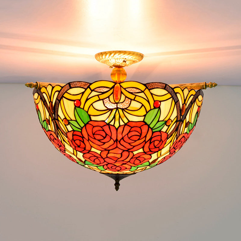 Brass 5 Bulbs Semi Flush Mount Lighting Victorian Hand Rolled Art Glass Rose Close to Ceiling Light Brass Clearhalo 'Ceiling Lights' 'Close To Ceiling Lights' 'Close to ceiling' 'Glass shade' 'Glass' 'Semi-flushmount' 'Tiffany close to ceiling' 'Tiffany' Lighting' 296428