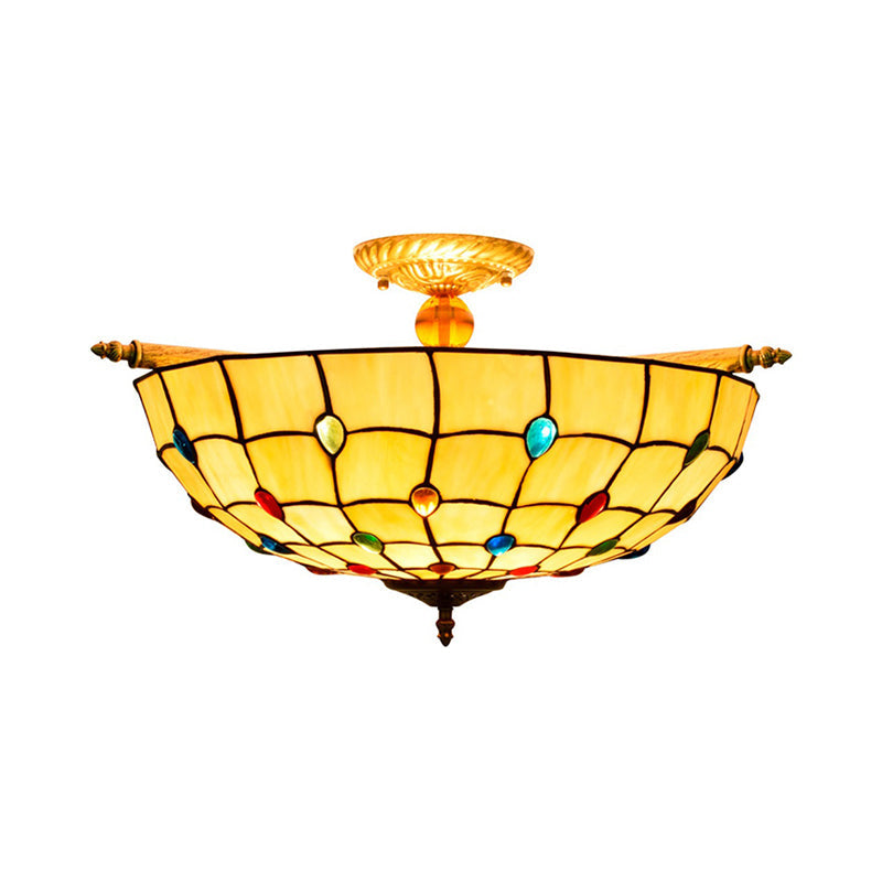 5 Heads Ceiling Lighting Tiffany Beaded Handcrafted Art Glass Semi Flush Mount Light Fixture in Brass, 21.5