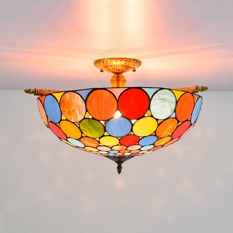 Circle Ceiling Flush Tiffany-Style Stained Art Glass 5 Heads Brass Semi Flush Mount Lighting, 21.5