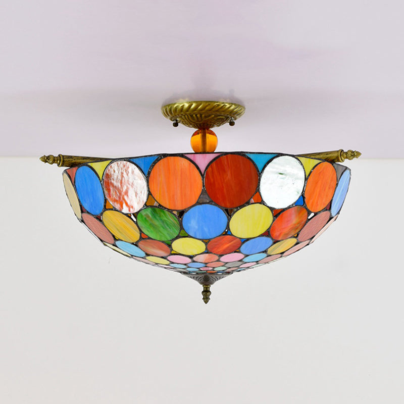 Circle Ceiling Flush Tiffany-Style Stained Art Glass 5 Heads Brass Semi Flush Mount Lighting, 21.5