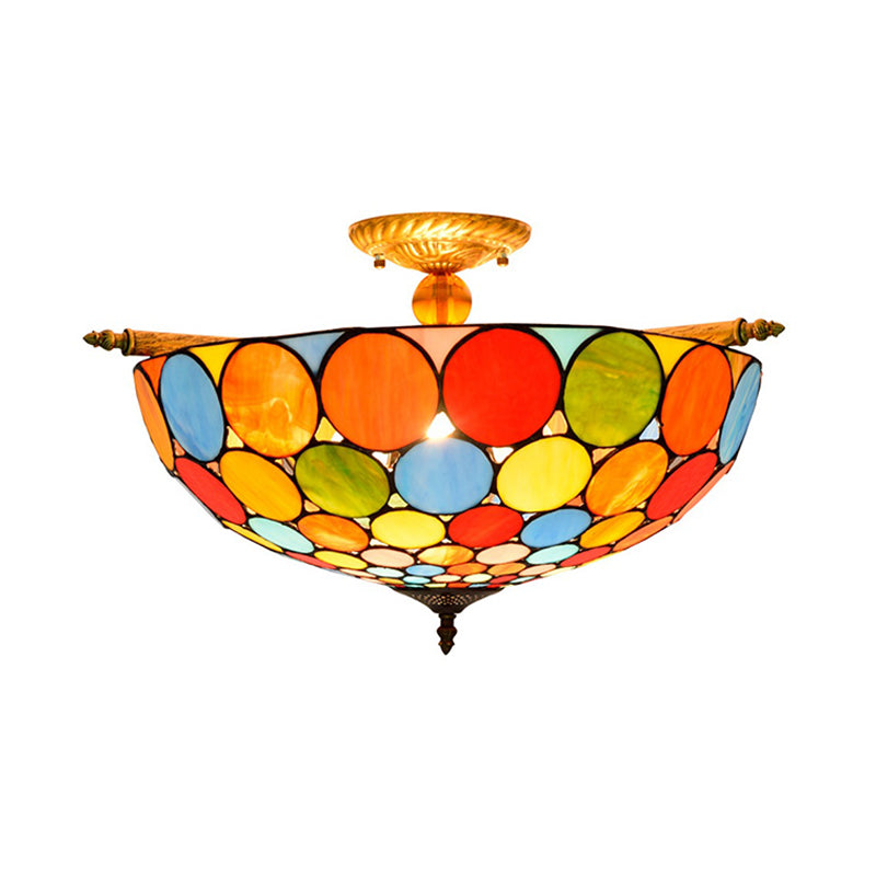 Circle Ceiling Flush Tiffany-Style Stained Art Glass 5 Heads Brass Semi Flush Mount Lighting, 21.5