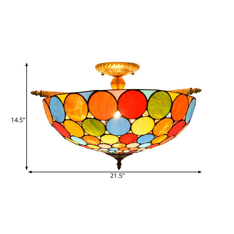 Circle Ceiling Flush Tiffany-Style Stained Art Glass 5 Heads Brass Semi Flush Mount Lighting, 21.5