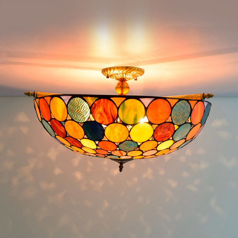 Circle Ceiling Flush Tiffany-Style Stained Art Glass 5 Heads Brass Semi Flush Mount Lighting, 21.5