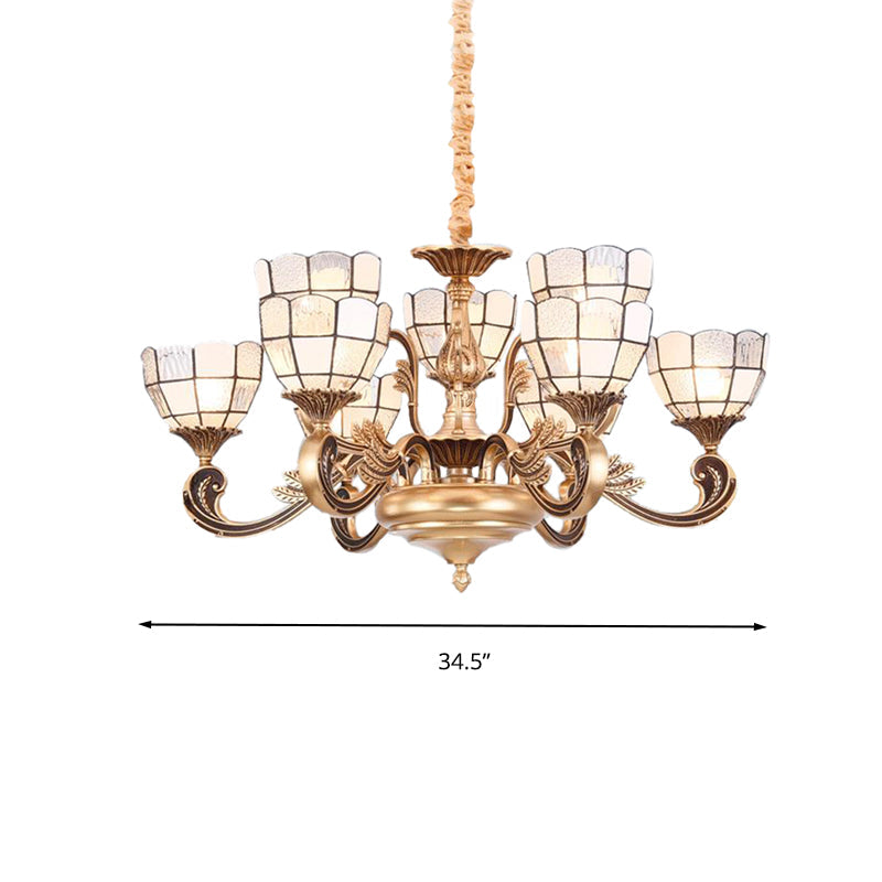 Gold Domed Shade Chandelier Light Fixture Tiffany 12 Lights Frosted Glass Hanging Lamp Kit Clearhalo 'Ceiling Lights' 'Chandeliers' 'Industrial' 'Middle Century Chandeliers' 'Tiffany Chandeliers' 'Tiffany close to ceiling' 'Tiffany' Lighting' 296472