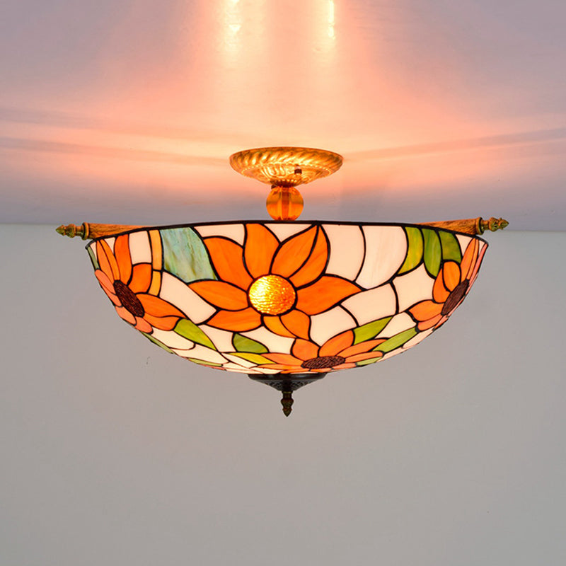 Stained Glass Flower Ceiling Fixture Tiffany 5 Lights Pink/Yellow/Blue Semi Flush Mount Light for Bedroom, 21.5