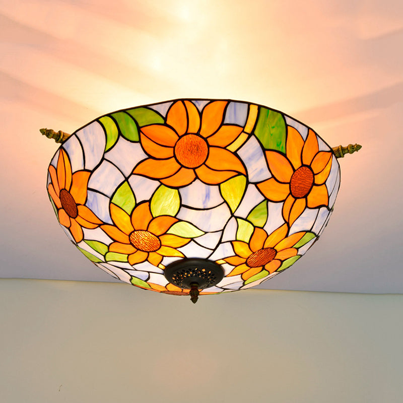 Stained Glass Flower Ceiling Fixture Tiffany 5 Lights Pink/Yellow/Blue Semi Flush Mount Light for Bedroom, 21.5