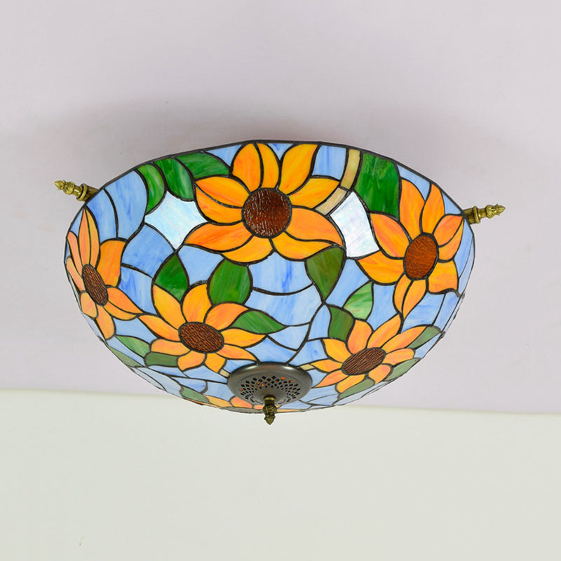 Stained Glass Flower Ceiling Fixture Tiffany 5 Lights Pink/Yellow/Blue Semi Flush Mount Light for Bedroom, 21.5