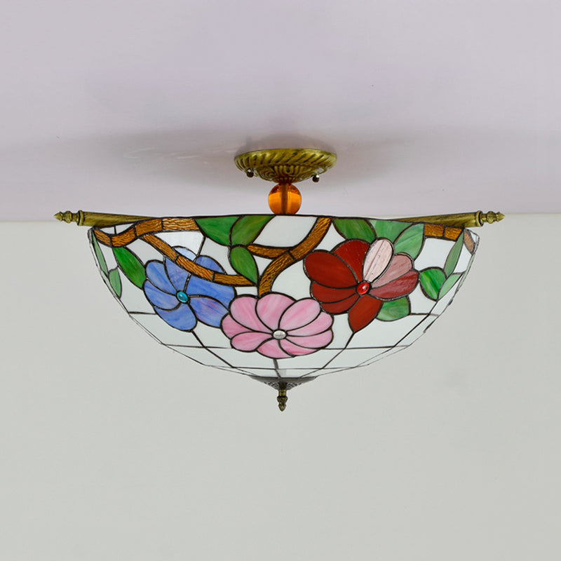 Stained Glass Flower Ceiling Fixture Tiffany 5 Lights Pink/Yellow/Blue Semi Flush Mount Light for Bedroom, 21.5