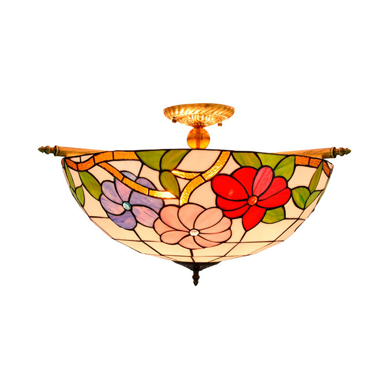 Stained Glass Flower Ceiling Fixture Tiffany 5 Lights Pink/Yellow/Blue Semi Flush Mount Light for Bedroom, 21.5