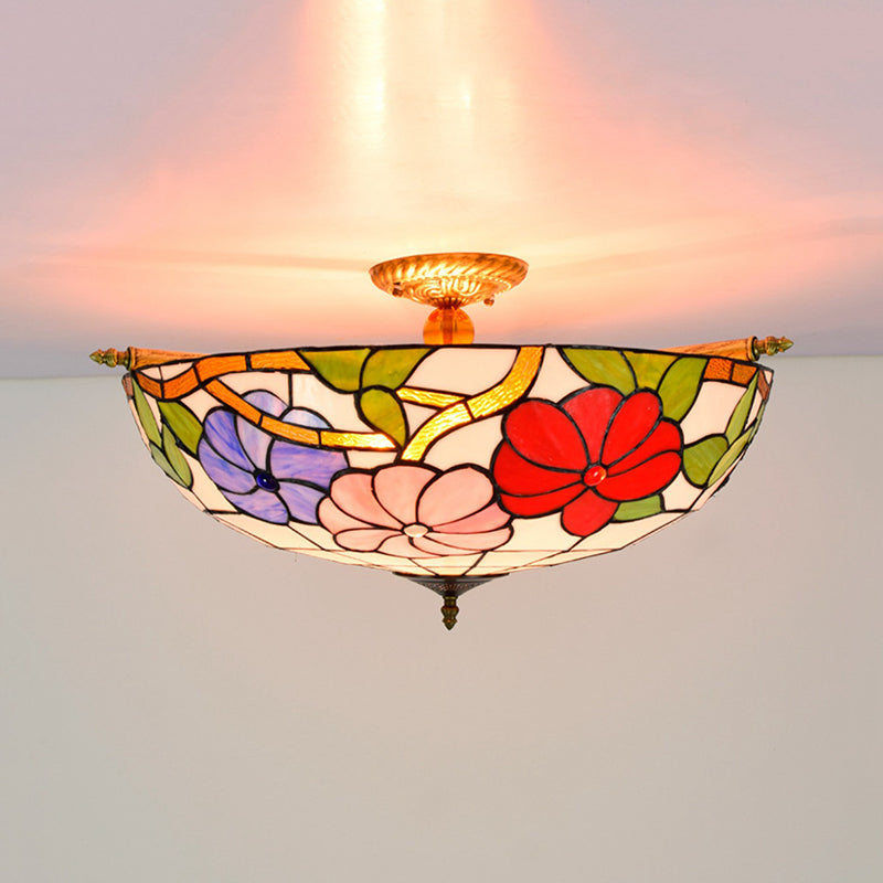 Stained Glass Flower Ceiling Fixture Tiffany 5 Lights Pink/Yellow/Blue Semi Flush Mount Light for Bedroom, 21.5