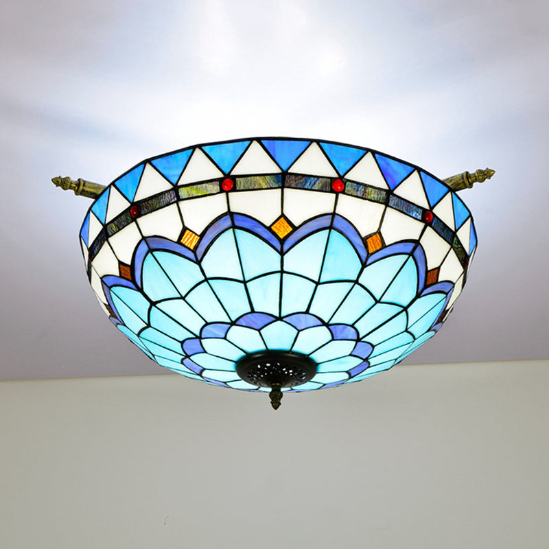 Baroque Dome Semi Flush Mount Lighting 5 Bulbs Handcrafted Stained Glass Close to Ceiling Lamp in White/Blue, 21.5