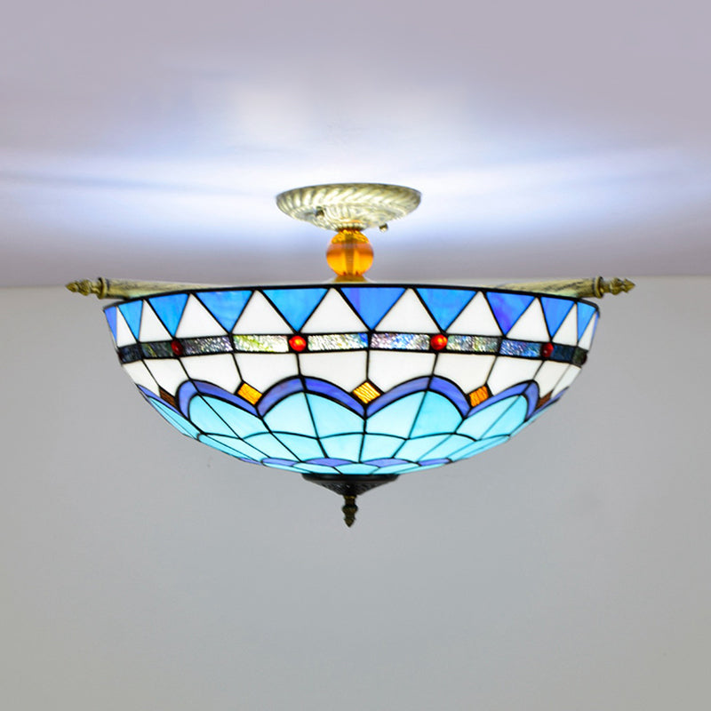 Baroque Dome Semi Flush Mount Lighting 5 Bulbs Handcrafted Stained Glass Close to Ceiling Lamp in White/Blue, 21.5