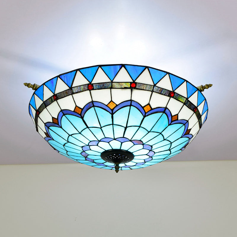 Baroque Dome Semi Flush Mount Lighting 5 Bulbs Handcrafted Stained Glass Close to Ceiling Lamp in White/Blue, 21.5