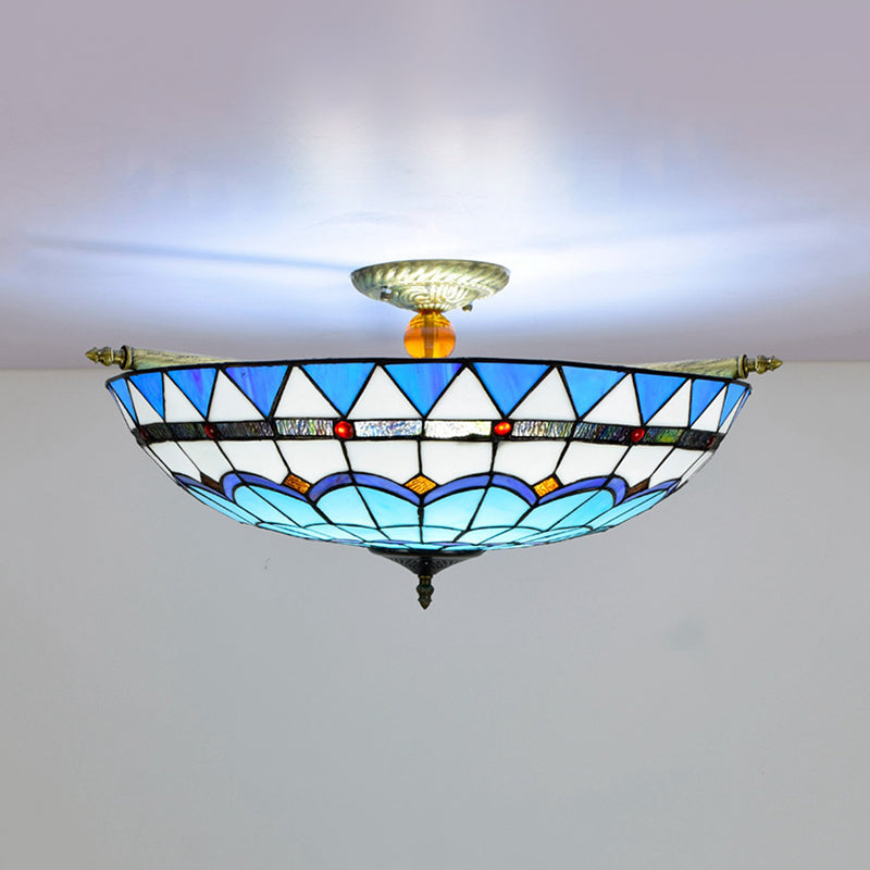 Baroque Dome Semi Flush Mount Lighting 5 Bulbs Handcrafted Stained Glass Close to Ceiling Lamp in White/Blue, 21.5