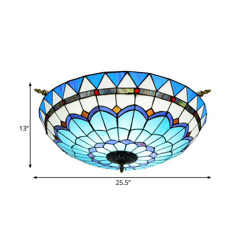 Baroque Dome Semi Flush Mount Lighting 5 Bulbs Handcrafted Stained Glass Close to Ceiling Lamp in White/Blue, 21.5