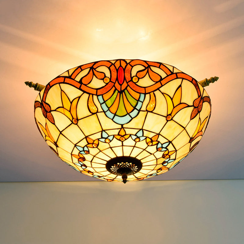 Baroque Dome Semi Flush Mount Lighting 5 Bulbs Handcrafted Stained Glass Close to Ceiling Lamp in White/Blue, 21.5