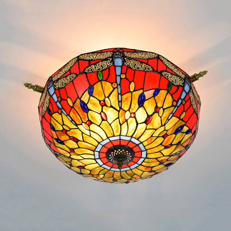 5 Lights Dragonfly Ceiling Lighting Tiffany Brass Stained Glass Semi Flush Mount Light, 21.5