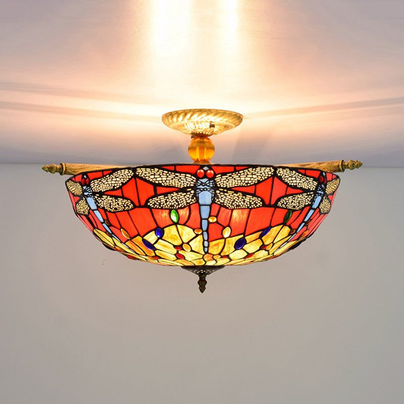 5 Lights Dragonfly Ceiling Lighting Tiffany Brass Stained Glass Semi Flush Mount Light, 21.5