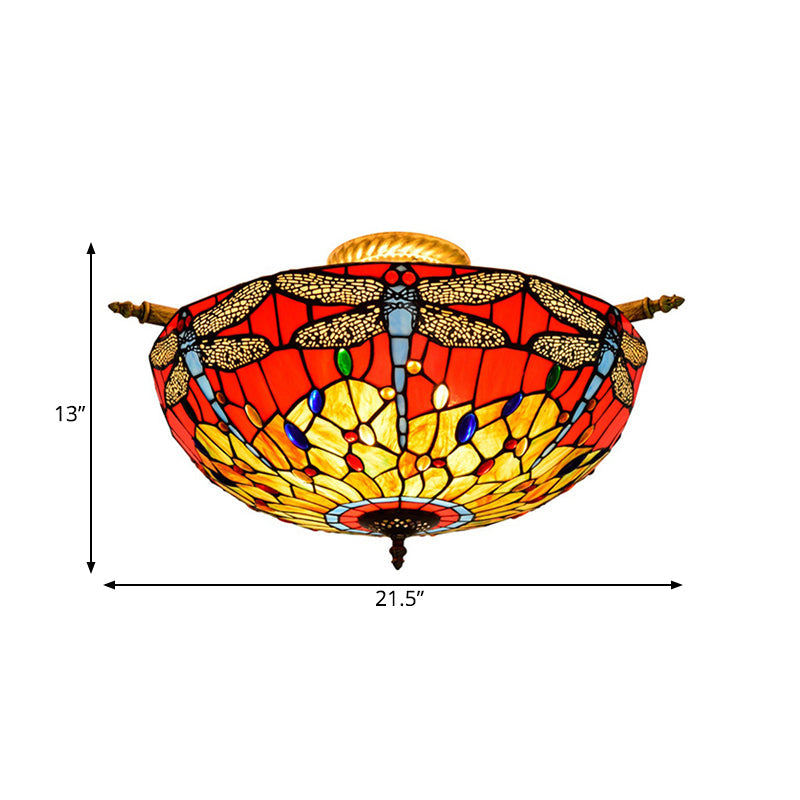 5 Lights Dragonfly Ceiling Lighting Tiffany Brass Stained Glass Semi Flush Mount Light, 21.5