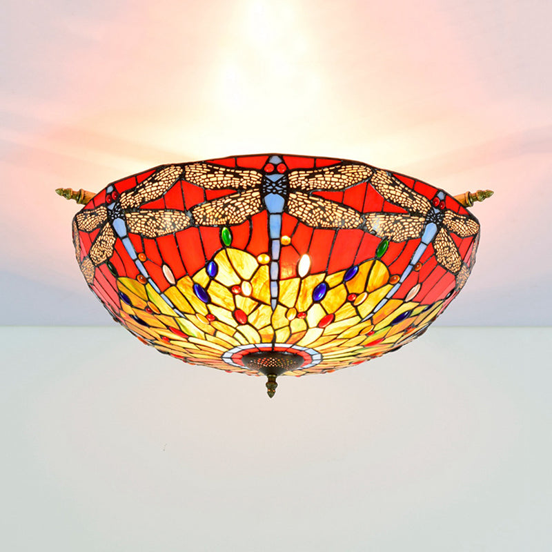 5 Lights Dragonfly Ceiling Lighting Tiffany Brass Stained Glass Semi Flush Mount Light, 21.5