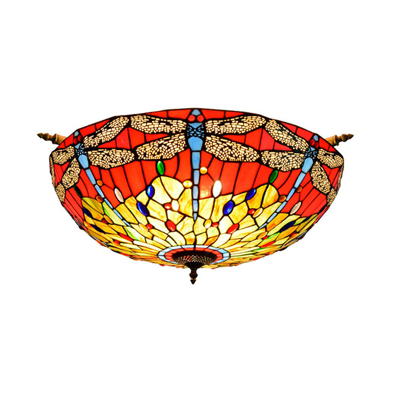 5 Lights Dragonfly Ceiling Lighting Tiffany Brass Stained Glass Semi Flush Mount Light, 21.5