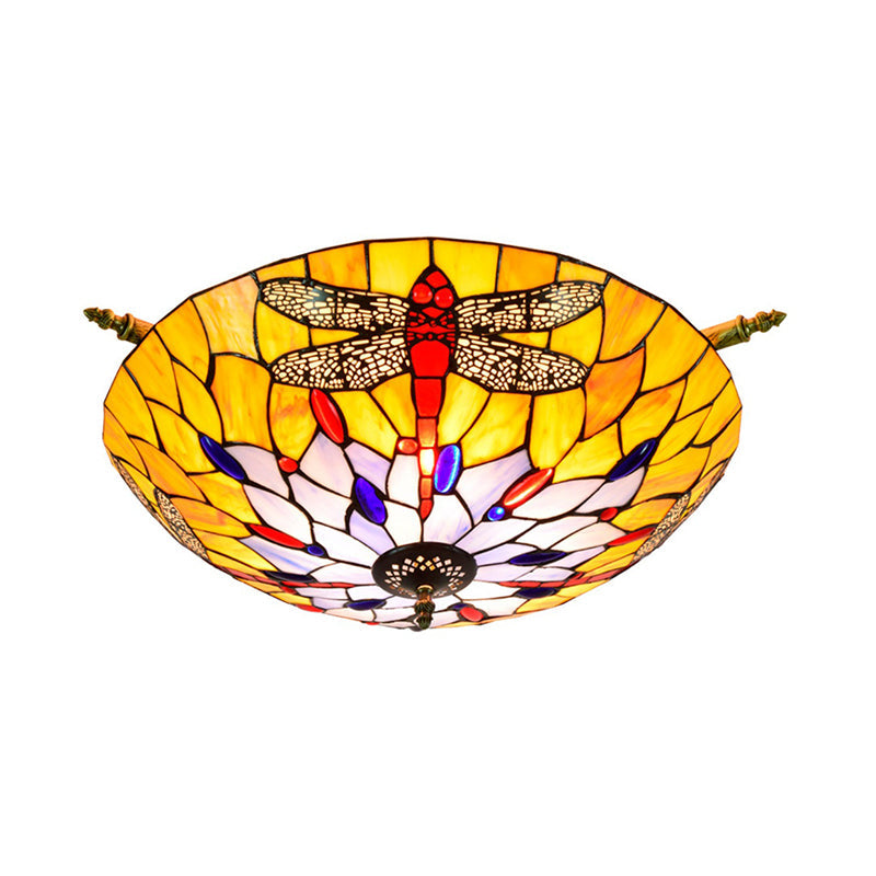 Stained Glass Dragonfly Ceiling Fixture Tiffany 5 Lights Brass Semi Flush Mount Light for Bedroom Clearhalo 'Ceiling Lights' 'Close To Ceiling Lights' 'Close to ceiling' 'Glass shade' 'Glass' 'Semi-flushmount' 'Tiffany close to ceiling' 'Tiffany' Lighting' 296599