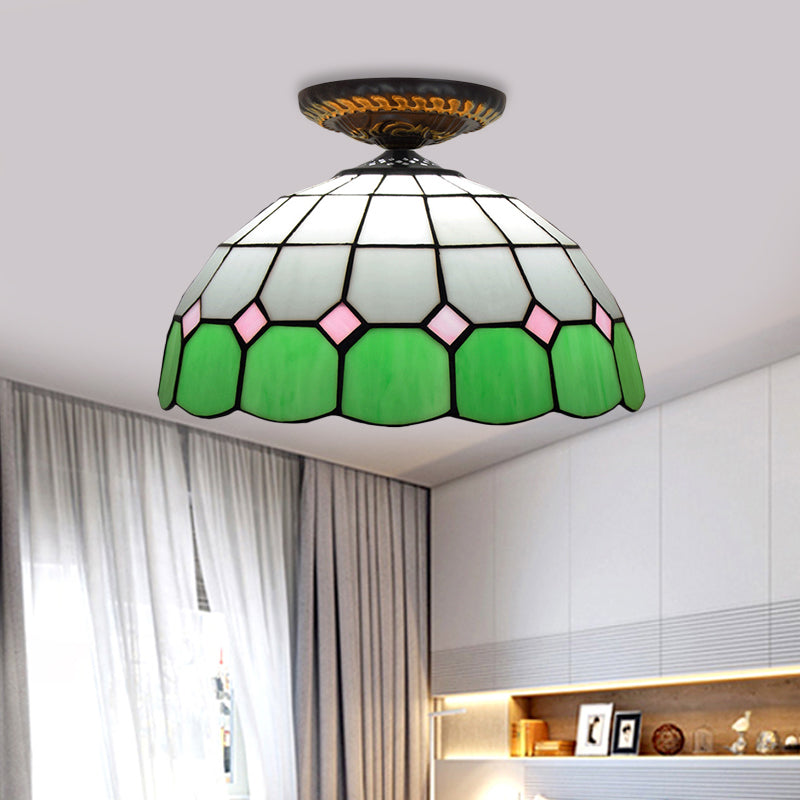 Tiffany Grid Patterned Flush Mount Light 1 Bulb Handcrafted Stained Glass LED Close to Ceiling Lamp in Blue/Orange/Green Green Clearhalo 'Ceiling Lights' 'Close To Ceiling Lights' 'Close to ceiling' 'Flush mount' Lighting' 296601