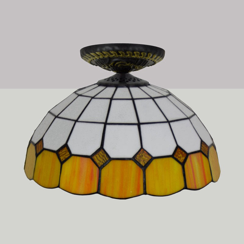 Tiffany Grid Patterned Flush Mount Light 1 Bulb Handcrafted Stained Glass LED Close to Ceiling Lamp in Blue/Orange/Green Clearhalo 'Ceiling Lights' 'Close To Ceiling Lights' 'Close to ceiling' 'Flush mount' Lighting' 296607