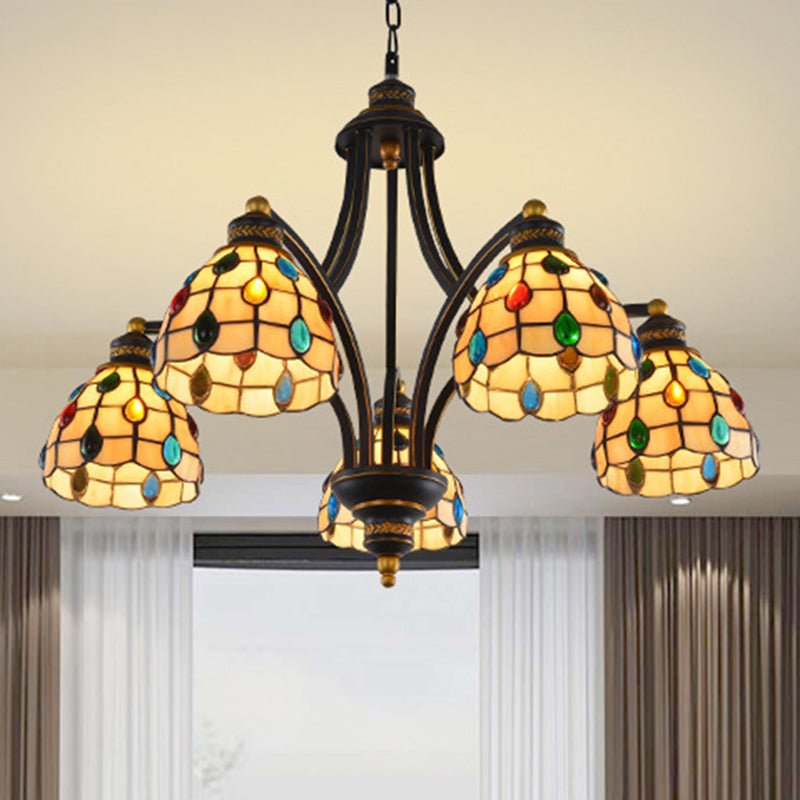 Beaded Chandelier Lighting Tiffany Style Stained Glass 3/6/8 Lights Black and Gold Ceiling Pendant 5 Black-Gold Clearhalo 'Ceiling Lights' 'Chandeliers' 'Industrial' 'Middle Century Chandeliers' 'Tiffany Chandeliers' 'Tiffany close to ceiling' 'Tiffany' Lighting' 296617