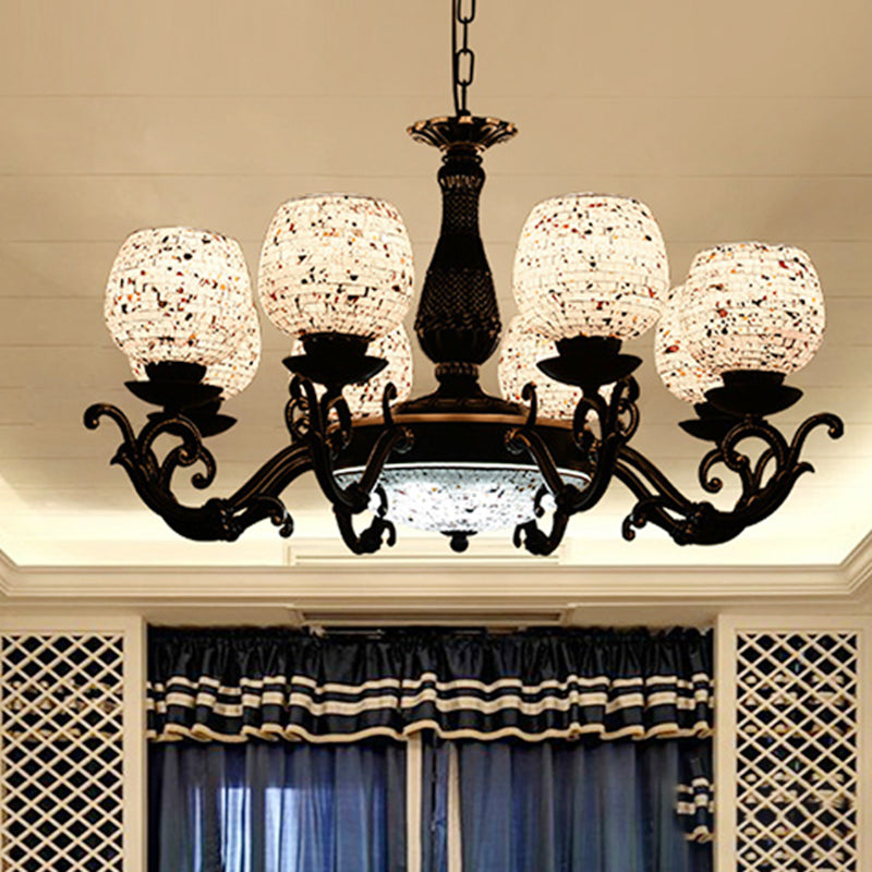 Arched Stained Glass Pendant Chandelier Mediterranean 4/6/9 Lights Black Hanging Ceiling Light 9 Black Clearhalo 'Ceiling Lights' 'Chandeliers' 'Industrial' 'Middle Century Chandeliers' 'Tiffany Chandeliers' 'Tiffany close to ceiling' 'Tiffany' Lighting' 296771