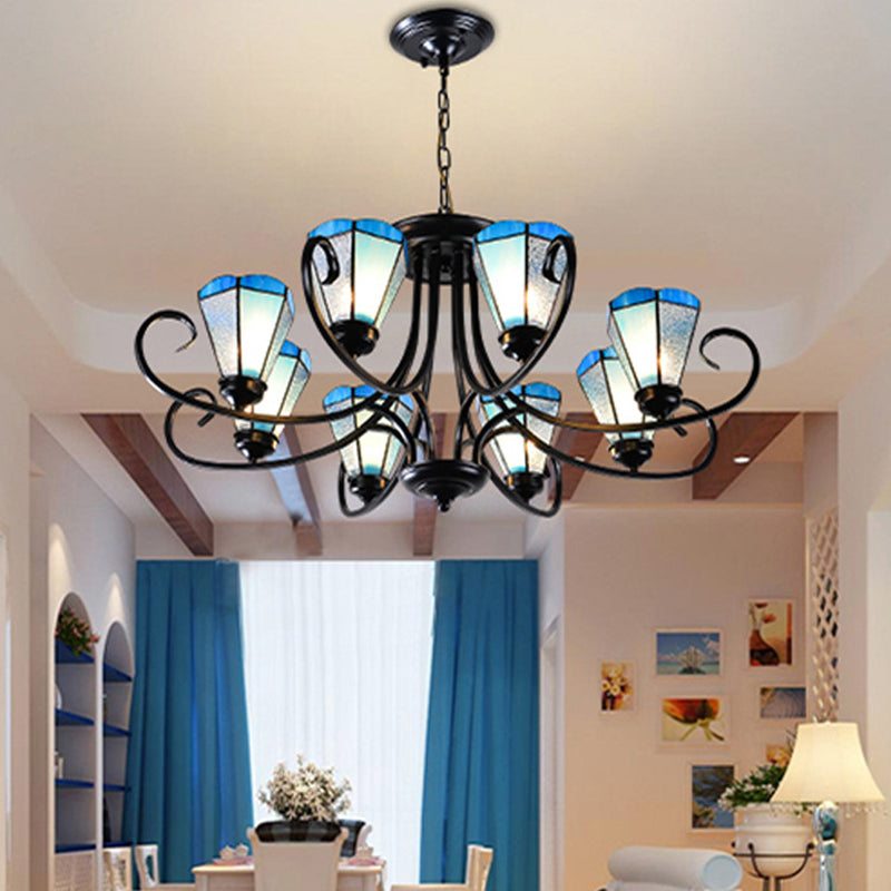 Black 3/6/8 Lights Ceiling Chandelier Baroque Blue Frosted Glass Cone Ceiling Pendant Light, 18