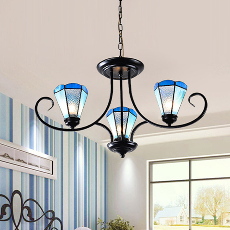 Black 3/6/8 Lights Ceiling Chandelier Baroque Blue Frosted Glass Cone Ceiling Pendant Light, 18