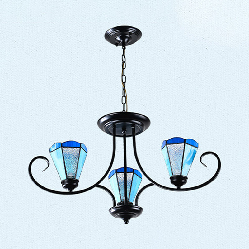 Black 3/6/8 Lights Ceiling Chandelier Baroque Blue Frosted Glass Cone Ceiling Pendant Light, 18