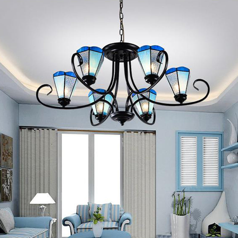 Black 3/6/8 Lights Ceiling Chandelier Baroque Blue Frosted Glass Cone Ceiling Pendant Light, 18