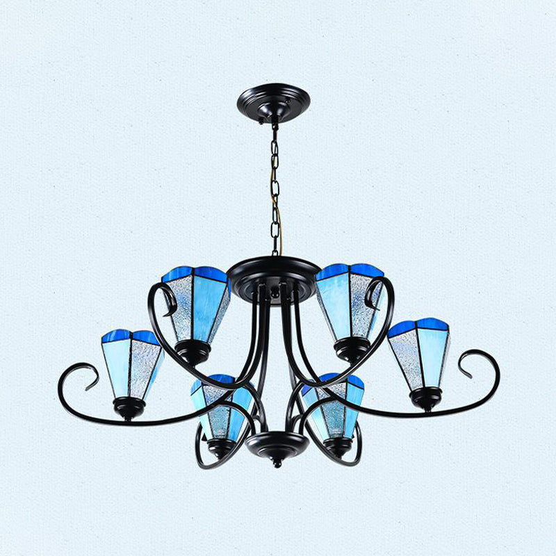 Black 3/6/8 Lights Ceiling Chandelier Baroque Blue Frosted Glass Cone Ceiling Pendant Light, 18