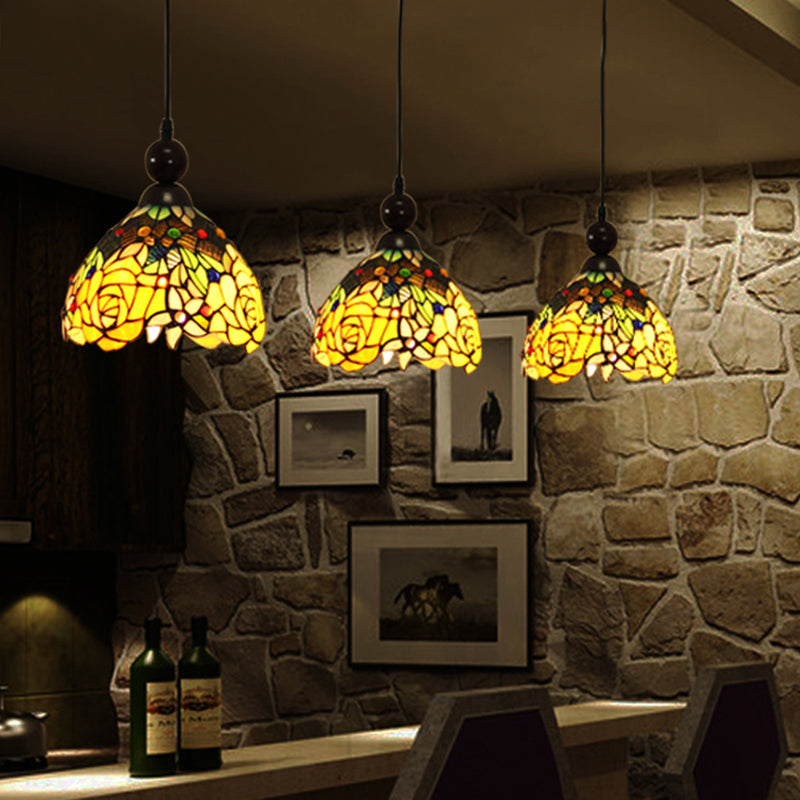 Pink/Yellow 1 Light Pendant Lighting Tiffany Style Stained Art Glass Blossom Ceiling Lamp Clearhalo 'Ceiling Lights' 'Industrial' 'Middle Century Pendants' 'Pendant Lights' 'Pendants' 'Tiffany close to ceiling' 'Tiffany Pendants' 'Tiffany' Lighting' 297325