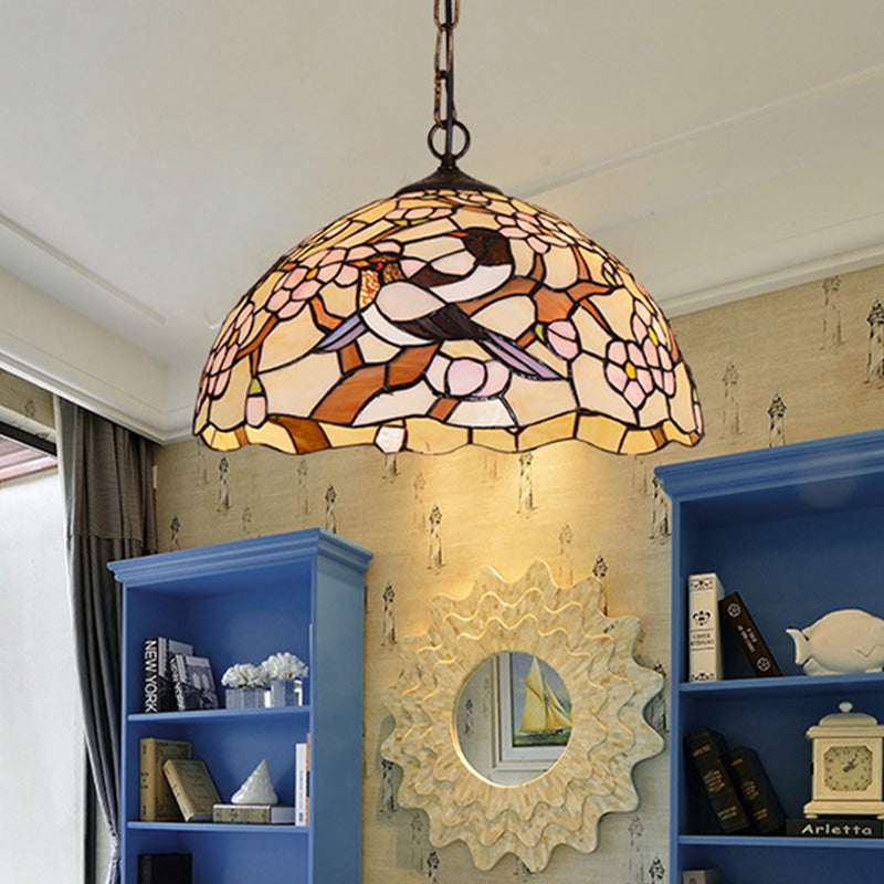 White Tropical Bird Hanging Pendant Victorian 1 Light Stained Art Glass Ceiling Lamp White Clearhalo 'Ceiling Lights' 'Close To Ceiling Lights' 'Industrial' 'Middle Century Pendants' 'Pendant Lights' 'Pendants' 'Tiffany close to ceiling' 'Tiffany Pendants' 'Tiffany' Lighting' 297402