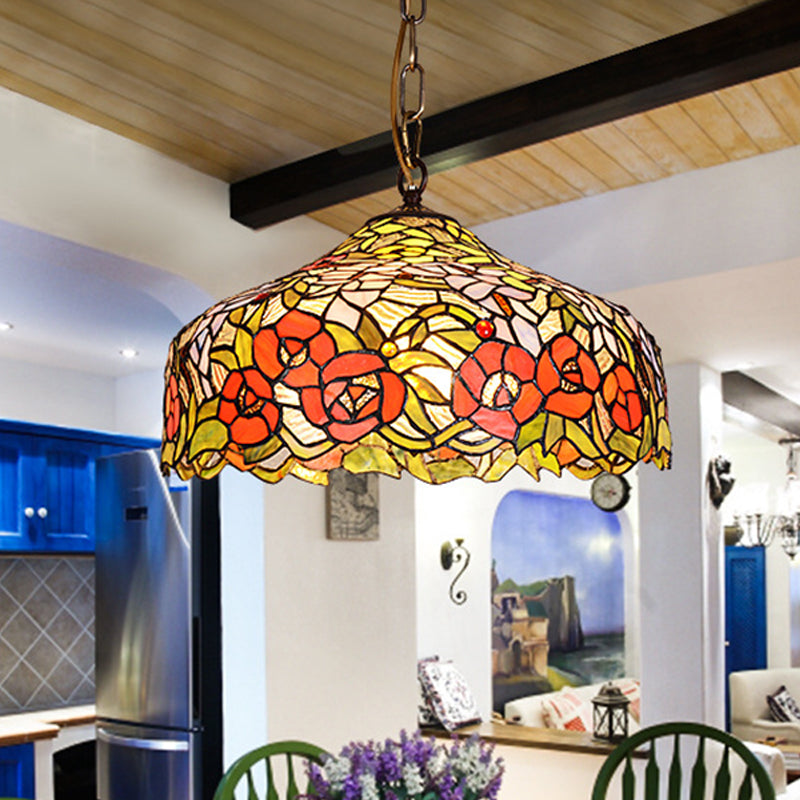 Floral Ceiling Suspension Lamp 1 Light Cut Glass Mediterranean Pendant Lighting Fixture in Red Clearhalo 'Ceiling Lights' 'Close To Ceiling Lights' 'Industrial' 'Middle Century Pendants' 'Pendant Lights' 'Pendants' 'Tiffany close to ceiling' 'Tiffany Pendants' 'Tiffany' Lighting' 297408