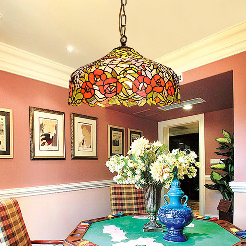 Floral Ceiling Suspension Lamp 1 Light Cut Glass Mediterranean Pendant Lighting Fixture in Red Clearhalo 'Ceiling Lights' 'Close To Ceiling Lights' 'Industrial' 'Middle Century Pendants' 'Pendant Lights' 'Pendants' 'Tiffany close to ceiling' 'Tiffany Pendants' 'Tiffany' Lighting' 297409