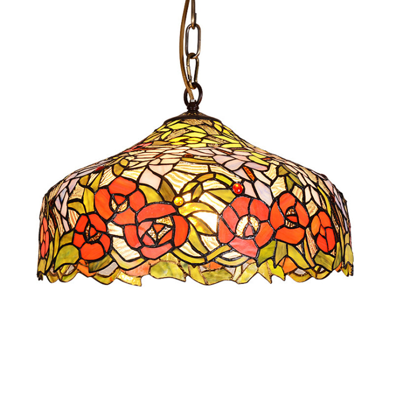 Floral Ceiling Suspension Lamp 1 Light Cut Glass Mediterranean Pendant Lighting Fixture in Red Clearhalo 'Ceiling Lights' 'Close To Ceiling Lights' 'Industrial' 'Middle Century Pendants' 'Pendant Lights' 'Pendants' 'Tiffany close to ceiling' 'Tiffany Pendants' 'Tiffany' Lighting' 297410