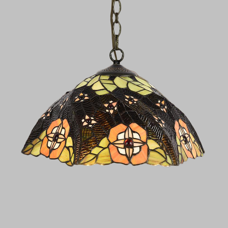 Flower/Cone Hanging Light Fixture 1 Light Stained Glass Mediterranean Pendant Lamp in Black Multi-Color C Clearhalo 'Ceiling Lights' 'Close To Ceiling Lights' 'Industrial' 'Middle Century Pendants' 'Pendant Lights' 'Pendants' 'Tiffany close to ceiling' 'Tiffany Pendants' 'Tiffany' Lighting' 297440