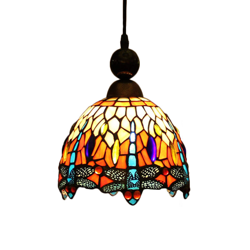 1 Light Pendant Light Mediterranean Dragonfly Cut Glass Hanging Lamp Kit in Black/Red/Yellow for Corridor Clearhalo 'Ceiling Lights' 'Close To Ceiling Lights' 'Industrial' 'Middle Century Pendants' 'Pendant Lights' 'Pendants' 'Tiffany close to ceiling' 'Tiffany Pendants' 'Tiffany' Lighting' 297478