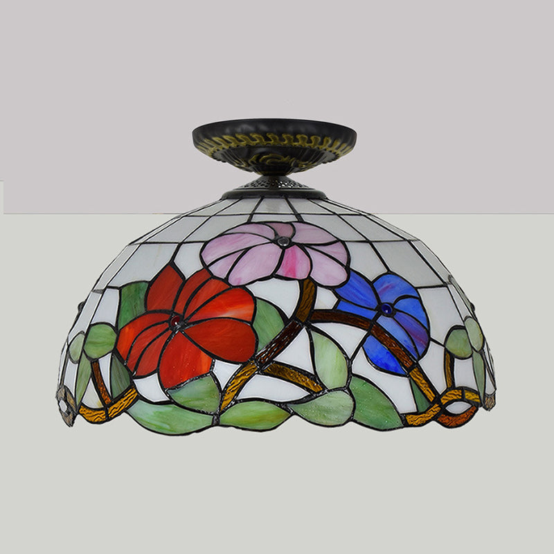 Tiffany Peony Flush Mount Lamp 1 Bulb Stained Glass Close to Ceiling Lighting Fixture in Bronze, 12