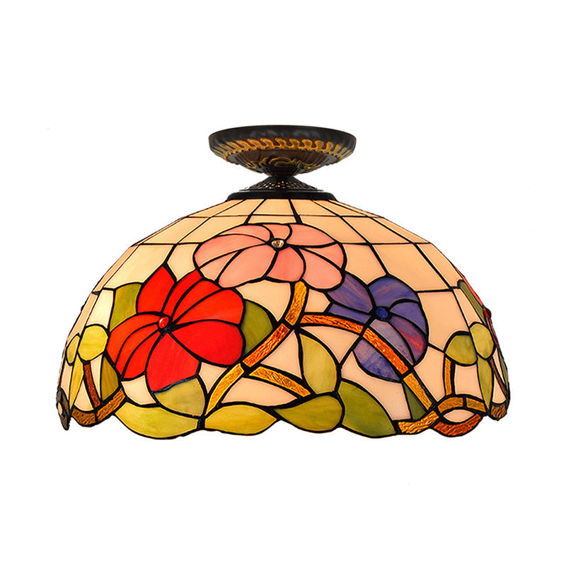 Tiffany Peony Flush Mount Lamp 1 Bulb Stained Glass Close to Ceiling Lighting Fixture in Bronze, 12