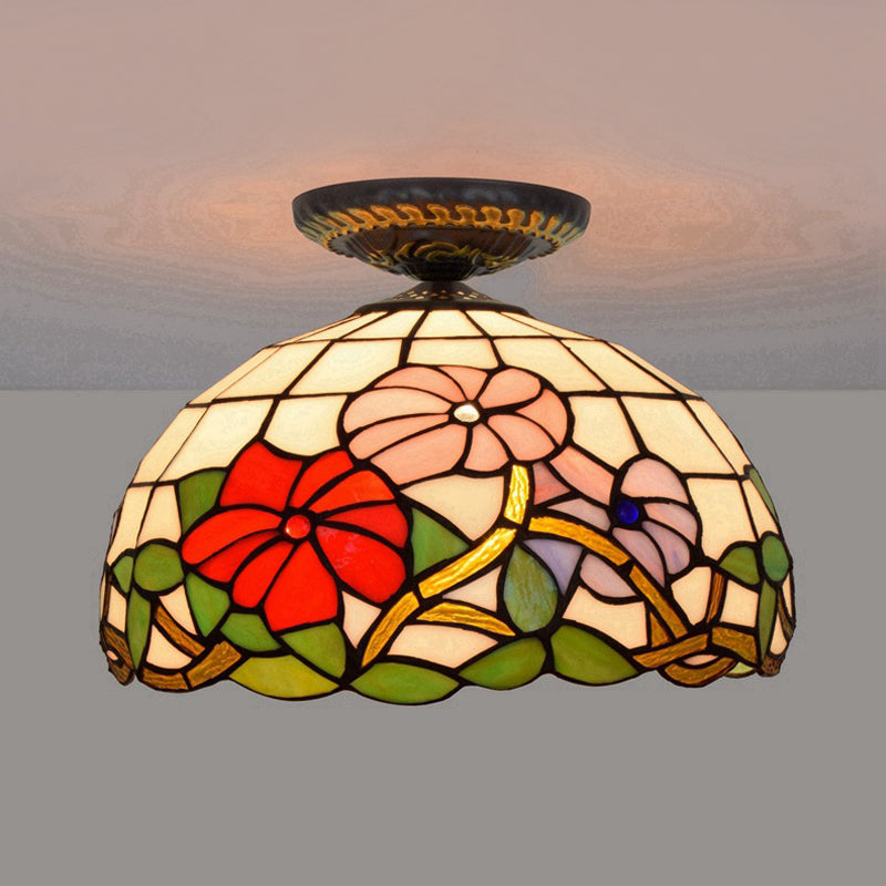 Tiffany Peony Flush Mount Lamp 1 Bulb Stained Glass Close to Ceiling Lighting Fixture in Bronze, 12