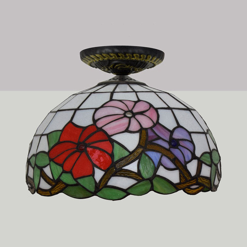 Tiffany Peony Flush Mount Lamp 1 Bulb Stained Glass Close to Ceiling Lighting Fixture in Bronze, 12