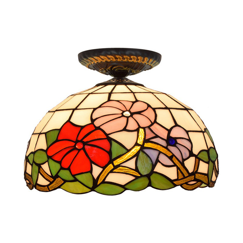 Tiffany Peony Flush Mount Lamp 1 Bulb Stained Glass Close to Ceiling Lighting Fixture in Bronze, 12