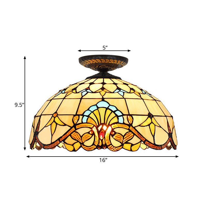 Yellow/Blue 1 Bulb Flush Mount Lighting Tiffany Hand Rolled Art Glass Floral Close to Ceiling Light, 12