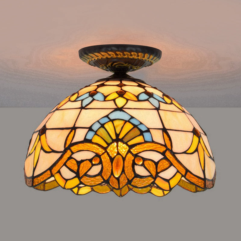 Yellow/Blue 1 Bulb Flush Mount Lighting Tiffany Hand Rolled Art Glass Floral Close to Ceiling Light, 12